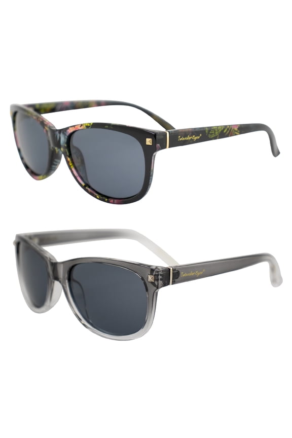 Barbados Polarized Sunglasses for Women 2 Pairs Black Flower-Printed & Gradient Grey-Clear Frames w/ Smoke Lenses