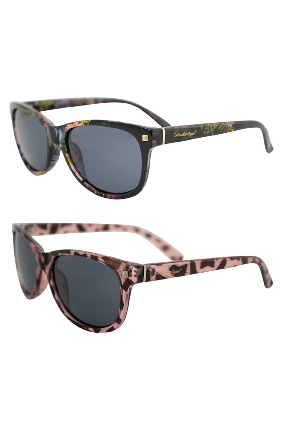 Barbados Polarized Sunglasses for Women 2 Pairs Black Flower-Printed & Pink Tortoise Frames w/ Smoke Lenses