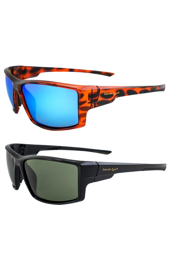 Belize Polarized Sunglasses for Men or Women Sporty Wraparound 2 Pairs Tortoise Frame w/Blue Mirror Lens & Black Frame w/Green Lens