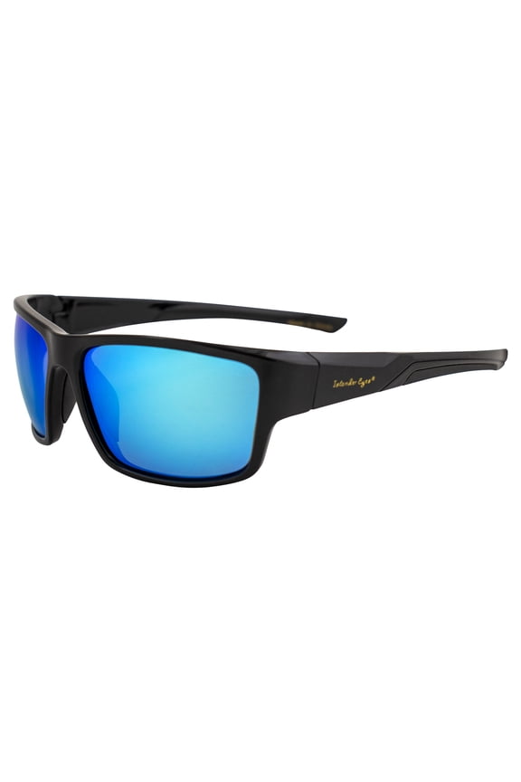 Fiji Polarized Sunglasses for Men or Women Wraparound Black Frame w/ Blue Mirror Lens