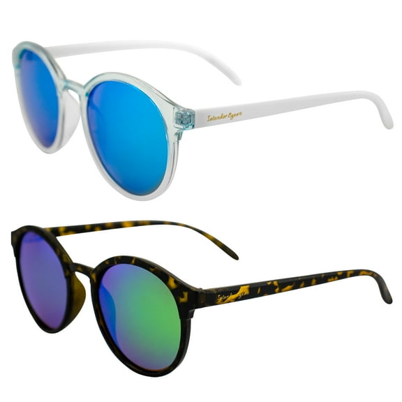 Islander Eyes Maldives Polarized Sunglasses for Men and Women 2 Pairs Oversized Round White Frame w/Blue Mirror Lens & Tortoise Frame w/Green Mirror Lens