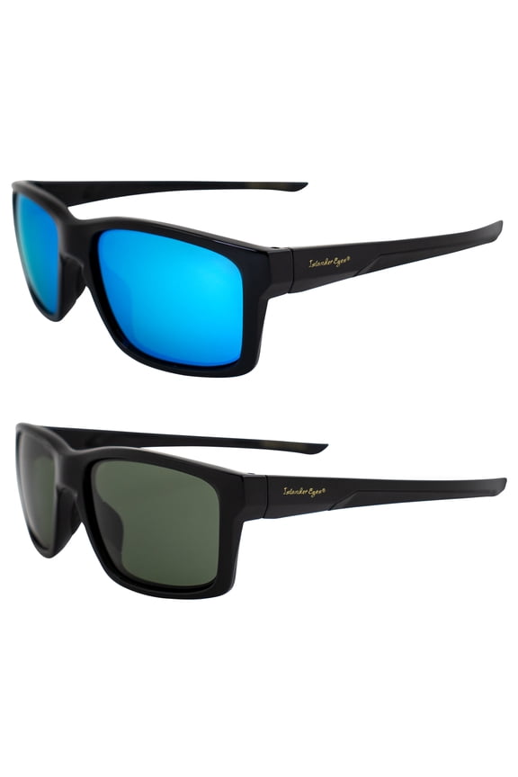Roatan Polarized Sunglasses for Men or Women 2 Pairs Square-Shaped Black Frames w/ Blue Mirror & Green Lenses
