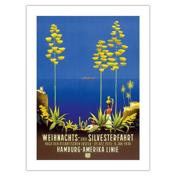 Islands of the Atlantic Ocean - Christmas And New Year’s Eve Trips - Hamburg American (HAPAG) - Vintage Travel Poster by Ottomar Anton c.1935 - Fine Art Matte Paper Print (Unframed) 18x24in