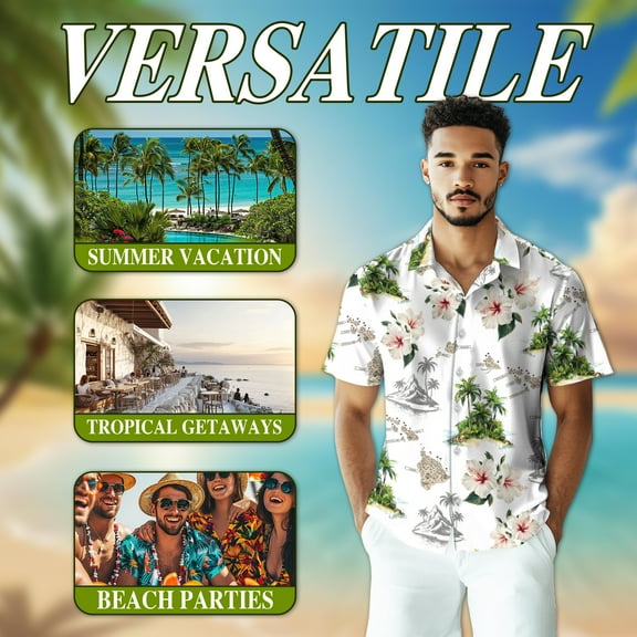 Islands White Hawaiian Shirt for Men, Button Down Summer Beach Short Sleeve, Tropical Style, Sizes S-5XL