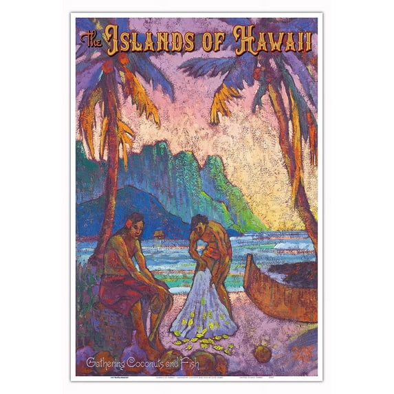 Islands of Hawaii - Gathering Coconts and Fish - Vintage Hawaiian Travel Poster by Rick Sharp - Master Art Print (Unframed) 13in x 19in