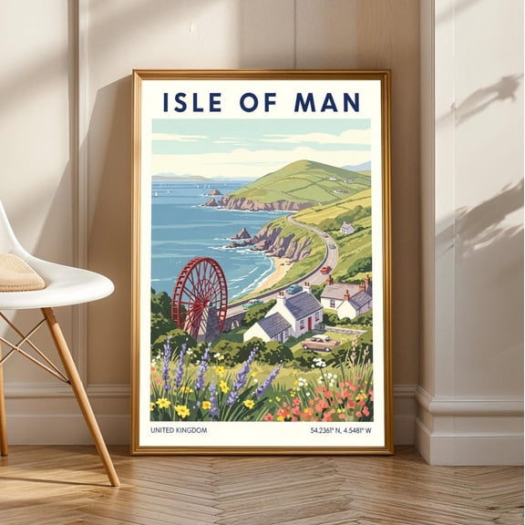 Isle Of Man Laxey Wheel Poster: Vintage Travel Gouache Art, Stretched Canvas Size 16x24