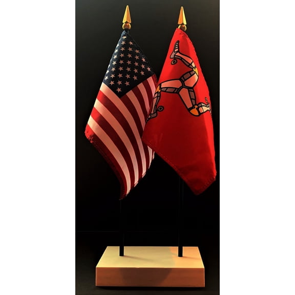 Isle of Man Table Flag Set; One USA and International Rayon 4x6 inch Flag Plus a White Base