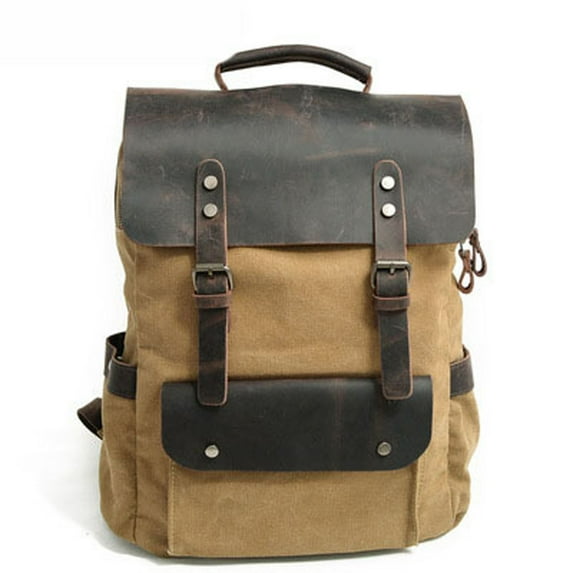 Ismart Leather Backpack with Canvas, Large Capacity Business Travel Hiking Shoulder Bag KHAKI
