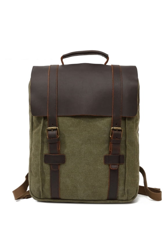 Leather Backpack with Waterproof Canvas, Durable Leather Backpack Army Green