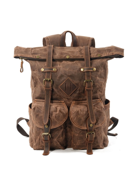 Leather Wax Canvas Backpack, Water Resistant Roll Top Travel Rucksack with Padded Breathable Shoulder Straps