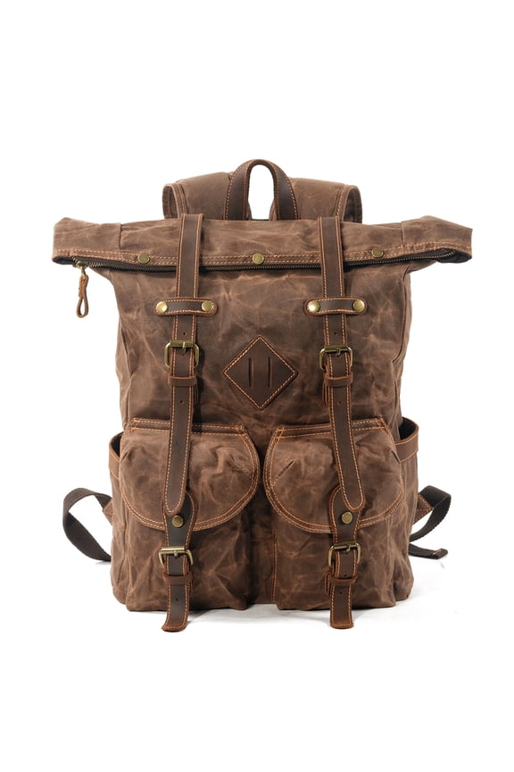 Leather Wax Canvas Backpack, Water Resistant Roll Top Travel Rucksack with Padded Breathable Shoulder Straps
