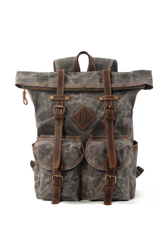 Leather Wax Canvas Backpack, Water Resistant Roll Top Travel Rucksack with Padded Breathable Shoulder Straps