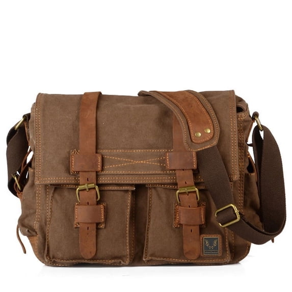 Ismart Men's Shoulder Bag Fashion Cross Body Messenger Business Leather and Canvas Dark Coffee