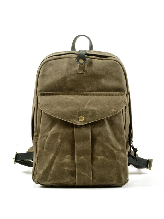 Retro Water Resistant Waxed Canvas & Leather Backpack, Large Capacity Outdoor Travel Rucksack with Breathable Back Panel, Fits 14" Laptop