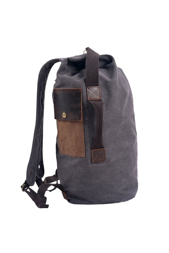 Vintage Canvas Backpack,Large Capacity Drawstring Rucksack with Genuine Leather Trim, Retro Bucket Bag for School, Sports,Travel, Gym & Basketball