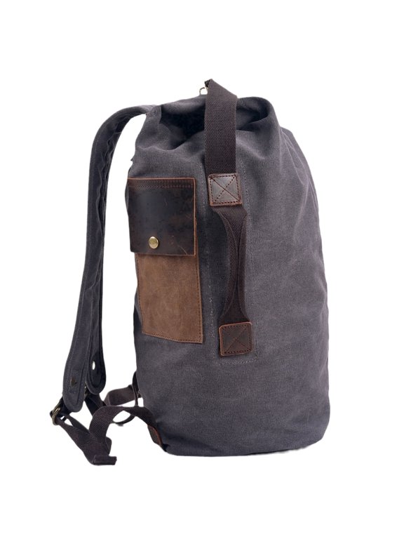 Vintage Canvas Backpack,Large Capacity Drawstring Rucksack with Genuine Leather Trim, Retro Bucket Bag for School, Sports,Travel, Gym & Basketball
