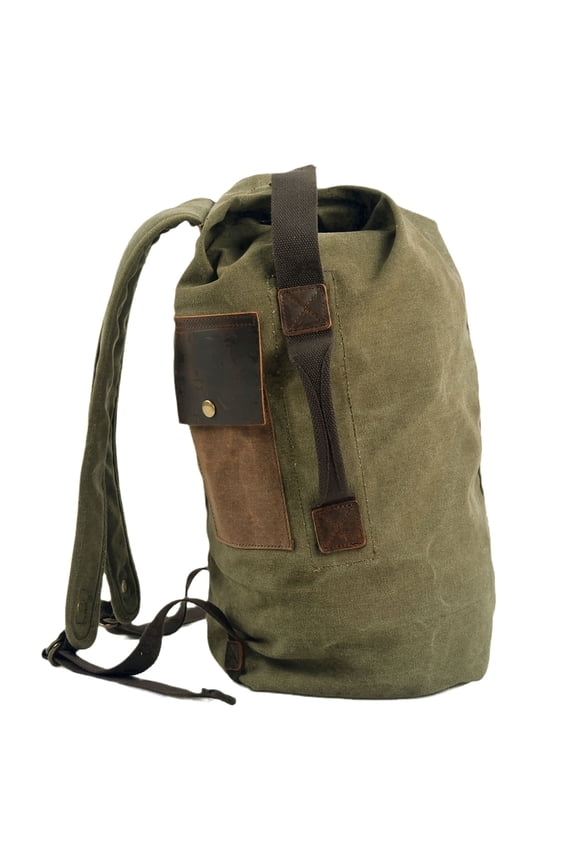 Vintage Canvas Backpack,Large Capacity Drawstring Rucksack with Genuine Leather Trim, Retro Bucket Bag for School, Sports,Travel, Gym & Basketball