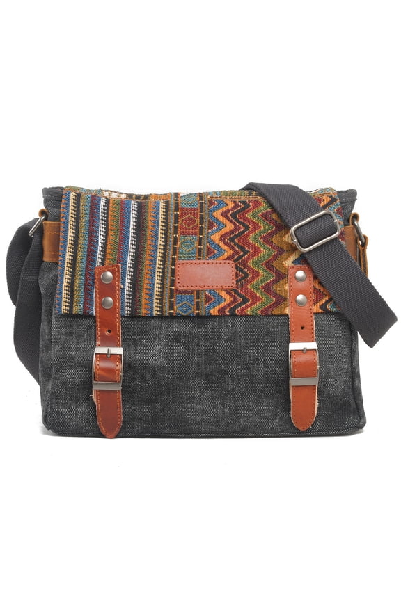 Vintage Leather Crossbody Bag with Canvas Travel Hiking Shoulder 11.8" Shoulder Bag