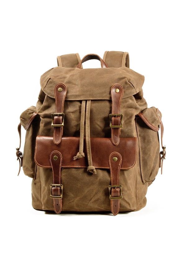 Vintage Waxed Canvas Backpack with Leather Trim, Waterproof Retro Rucksack, Large Capacity Travel Camping Daypack