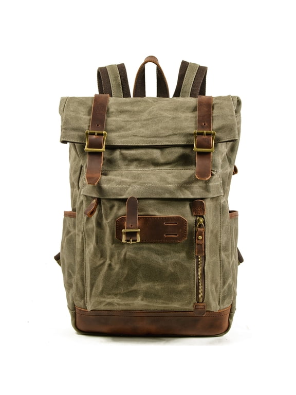 Waterproof Waxed Canvas Roll Top Backpack with Full Grain Leather Trim, Large Capacity Outdoor Travel Rucksack with Padded Breathable Shoulder Straps