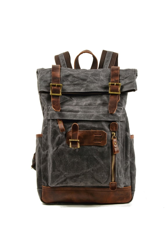 Waterproof Waxed Canvas Roll Top Backpack with Full Grain Leather Trim, Large Capacity Outdoor Travel Rucksack with Padded Breathable Shoulder Straps