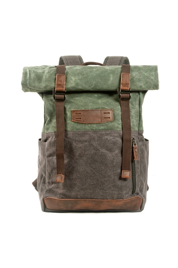 Waxed Canvas Backpack, Roll-Top Rucksack with Genuine Leather Trim, Water-Resistant Travel Backpack for Hiking, Camping, School, Fits 15.6 inch Laptop