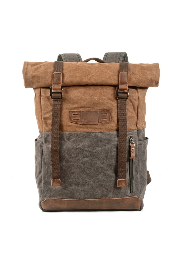 Waxed Canvas Backpack, Roll-Top Rucksack with Genuine Leather Trim, Water-Resistant Travel Backpack for Hiking, Camping, School, Fits 15.6 inch Laptop