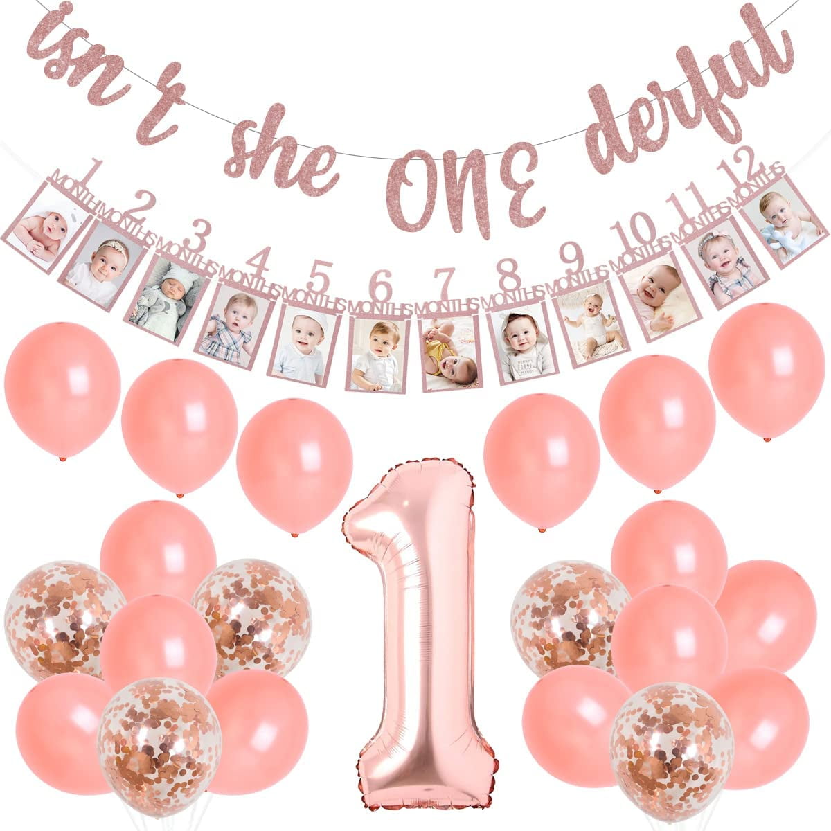Isn't She Onederful Birthday Decoration, 1st Birthday Decorations for Girls Rose Gold with isn't She Onederful Glitter Banner, Newborn to 12 Months Photo Banner, Number 1 Foil Balloon