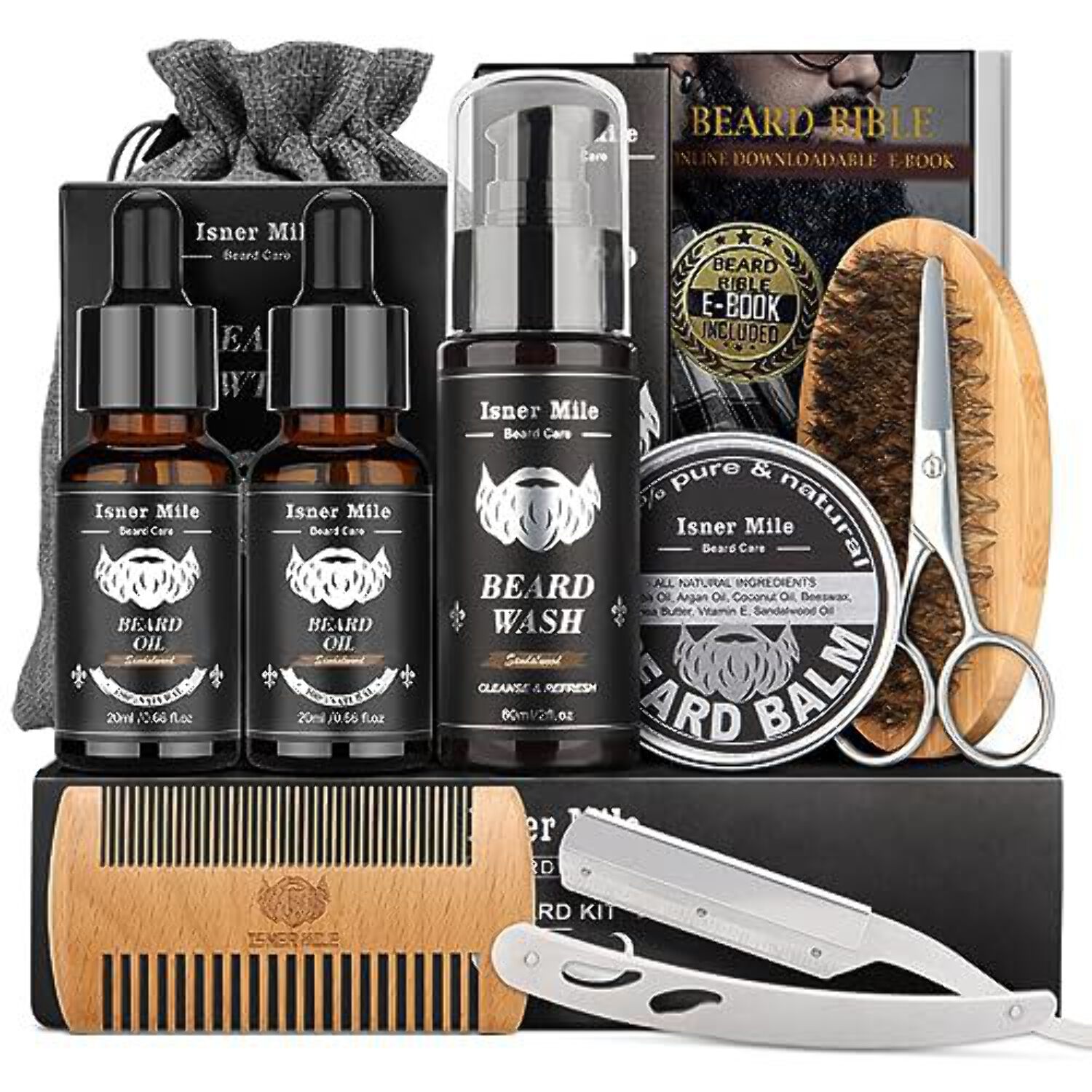 Isner Mile Beard Kit for Men, Grooming  Trimming Tool Complete Set with Shampoo Wash, Beard Care Oil, Balm, Brush, Comb, Scissors  Storage Bag, Perfect Gifts for Him Man Dad Father Boyfriend - image 1 of 7