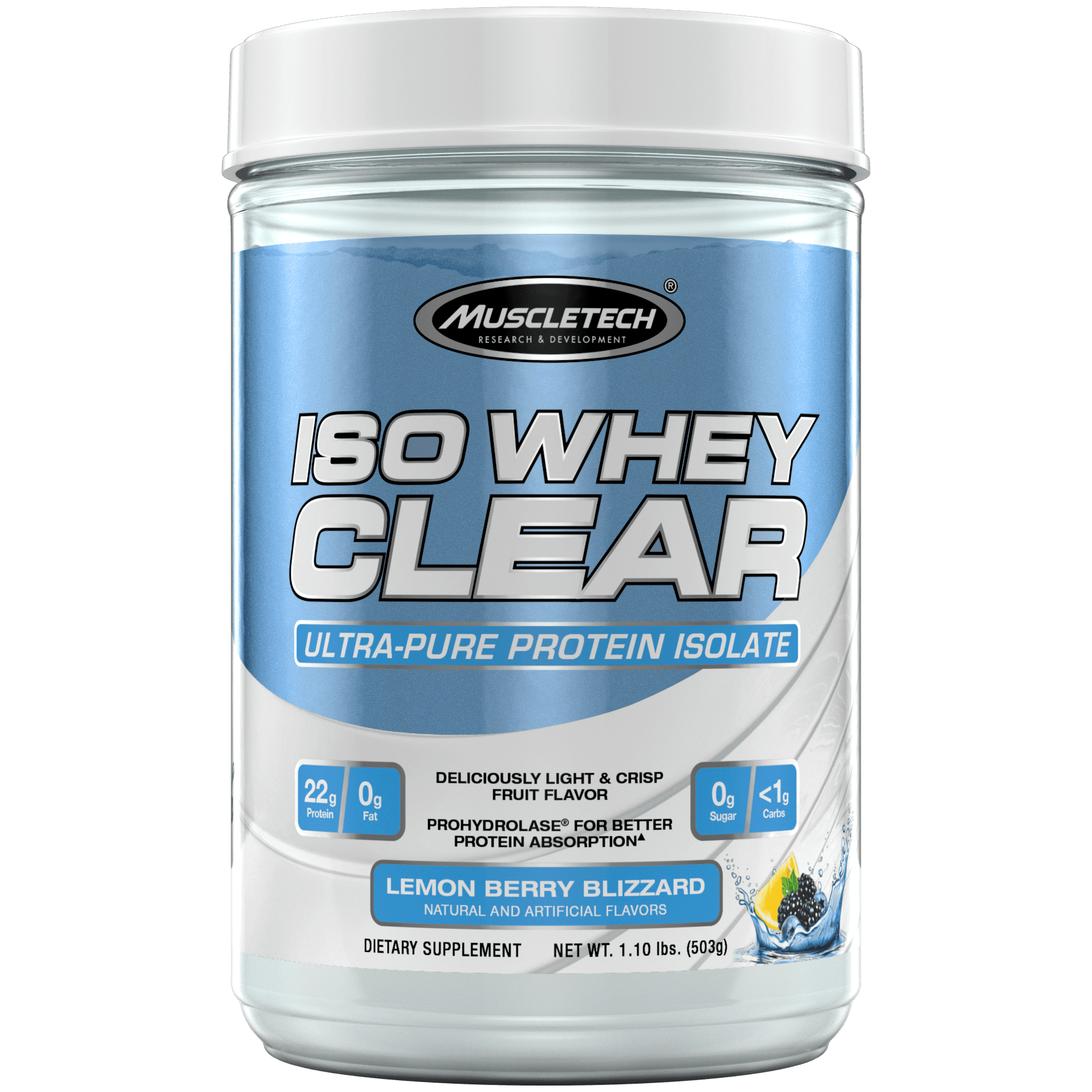 Iso Whey Clear Hydrolyzed Protein Drink Mix Powder, Light and Refreshing, Ultra-Pure Isolate (22g), Keto Friendly, Lemon Berry Blizzard, 19 servings ( 500g )
