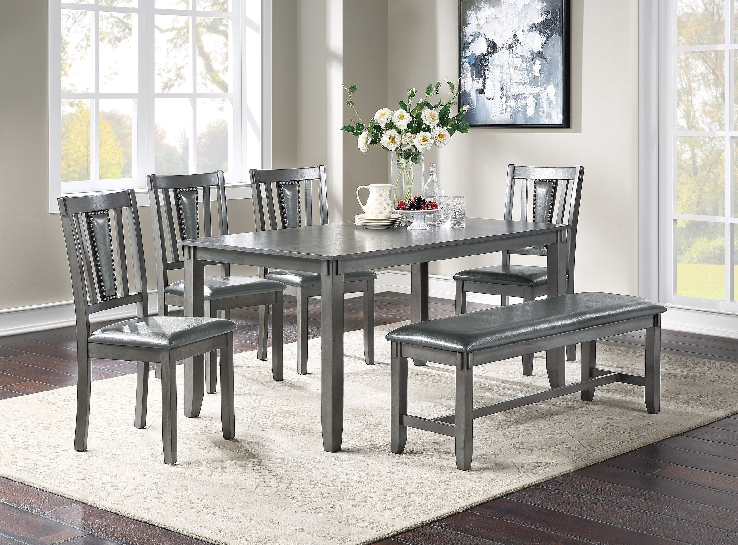 Isobel 6pc Set Dining Table 4x Side Chairs and Bench Gray