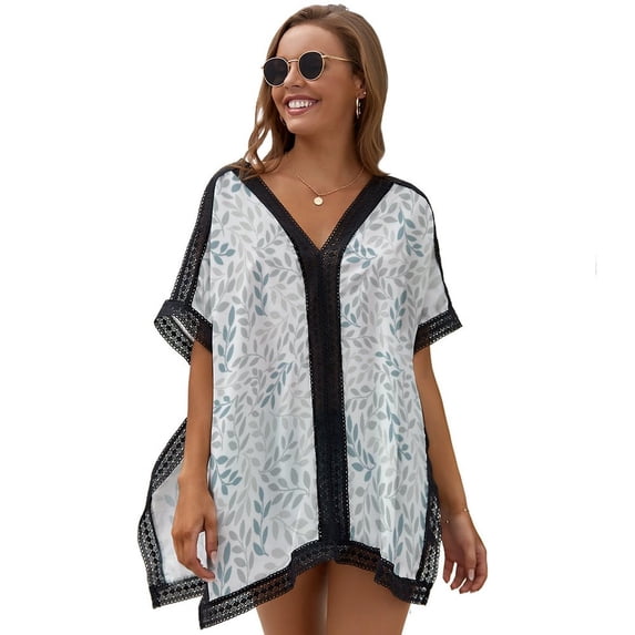 Isolated Gray-blue Branches Hand Drawn Leaves Women's Swimsuit Coverup Summer Beach Cover Up Bathing Suit Dress