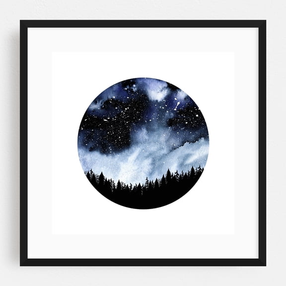 Isolation - Painting Night Sky Forest Silhouette Nature Stars Watercolor Moon Black Framed Wall Art Print 12 x 12 inches