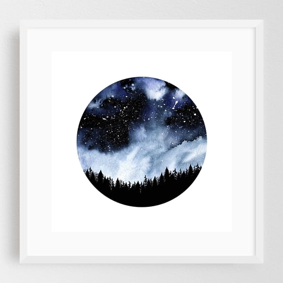 Isolation - Painting Night Sky Forest Silhouette Nature Stars Watercolor Moon White Framed Wall Art Print 20 x 20 inches