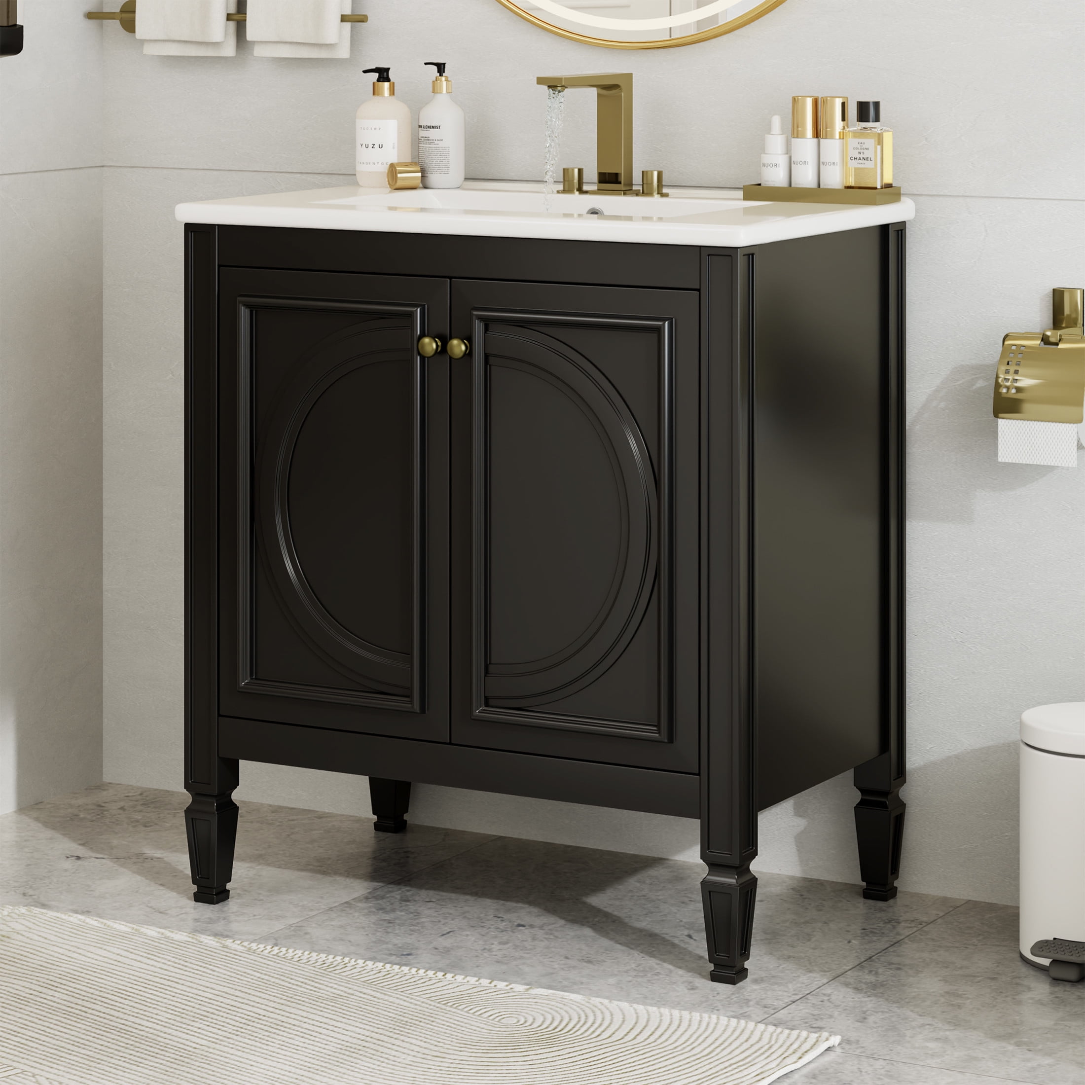Isolde Modern Bathroom Vanity with Ceramic Sink, Drawer, Shelves, Cabinet, Rubberwood, MDF, Black