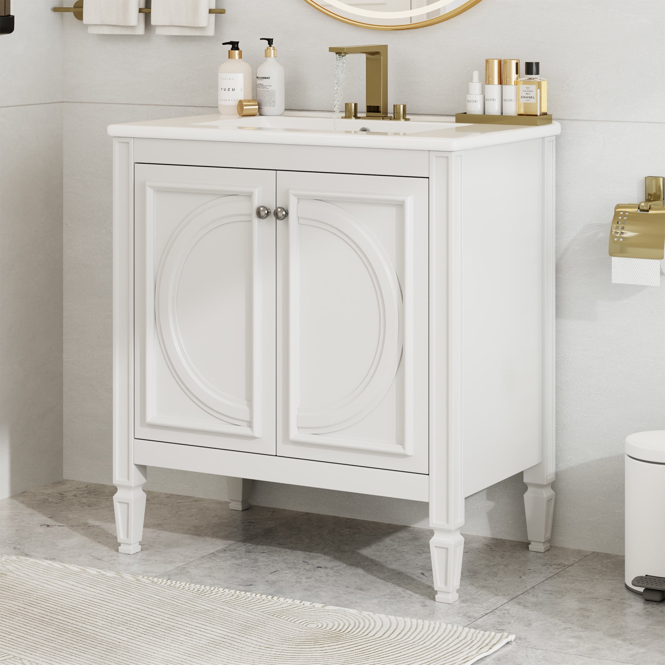 Isolde Modern Bathroom Vanity with Ceramic Sink, Drawer, Shelves, Cabinet, Rubberwood, MDF, White