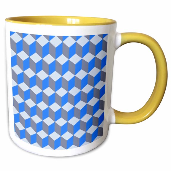3drose, Isometric Cube Pattern Dark Blue Grey Geometric Art Cut Out, 11oz Two-tone Yellow Mug