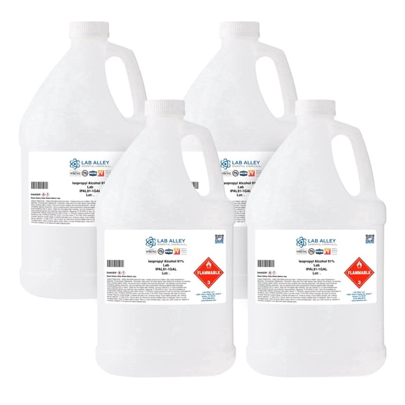 Lab Alley Isopropyl Alcohol 91% Lab Grade, Rubbing Alcohol Solvent, Pack of 4 x 1 Gallon Bottles