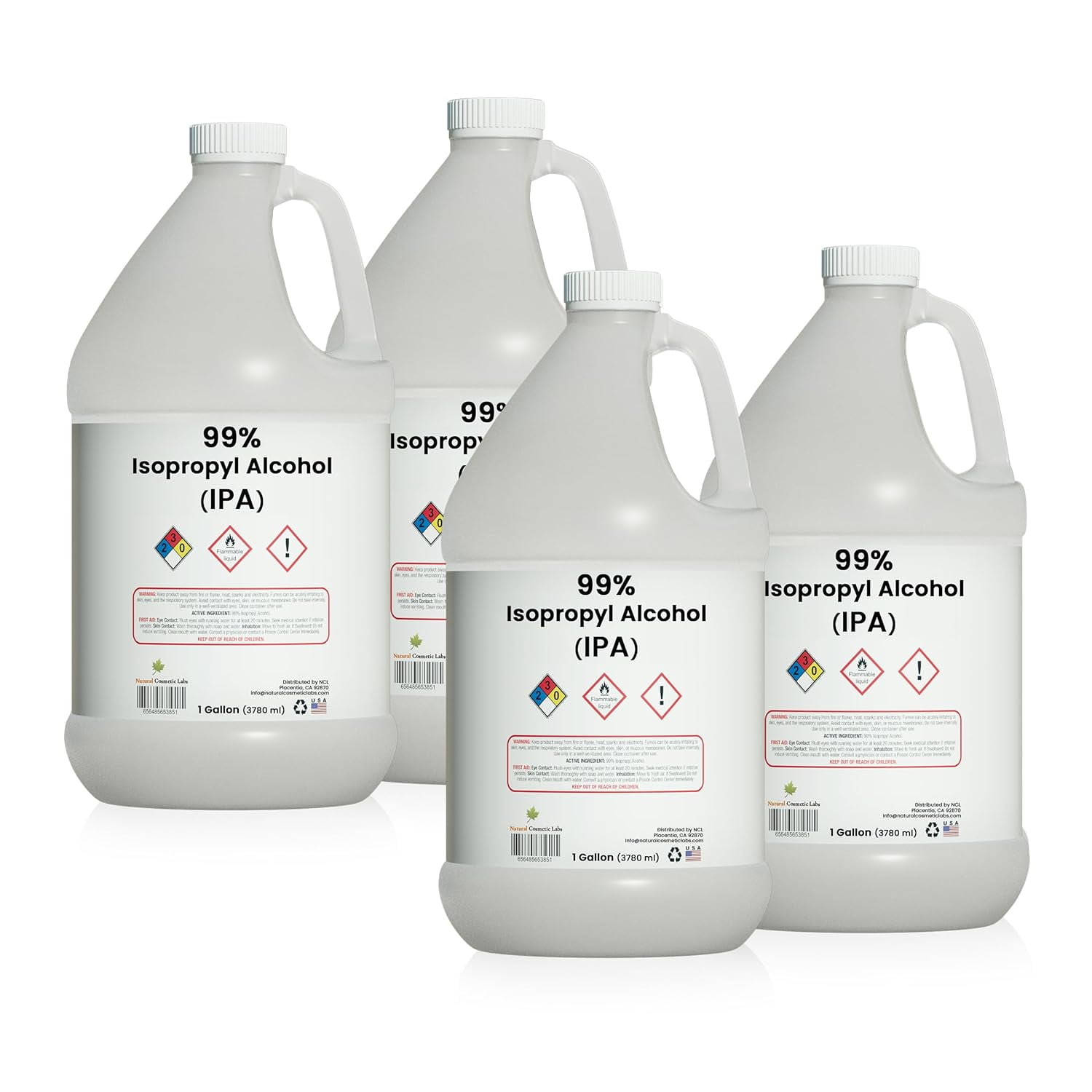 Isopropyl Alcohol 99% (IPA) Medical Grade Rubbing Alcohol by Natural Cosmetic Labs - Made in USA - Gallon - Pack of 4