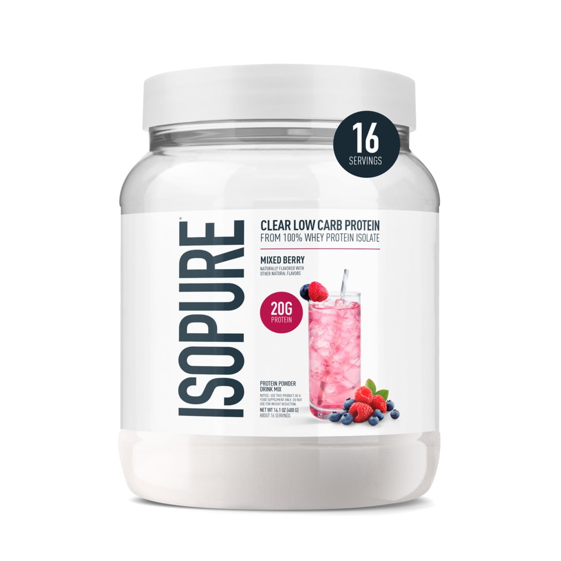 Isopure Clear Low Carb 100% Whey Protein Isolate Powder, Mixed Berry, 20g Protein, About 16 Servings