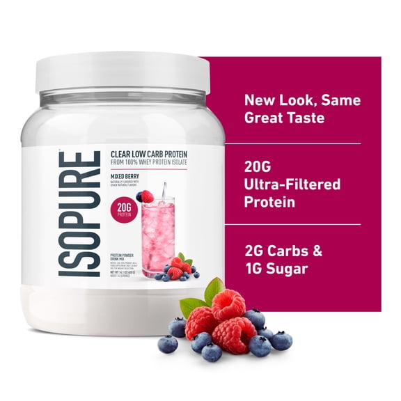 Isopure Clear Low Carb 100% Whey Protein Isolate Powder, Mixed Berry, 20g Protein, for Muscle Growth & Recovery, 16 Servings