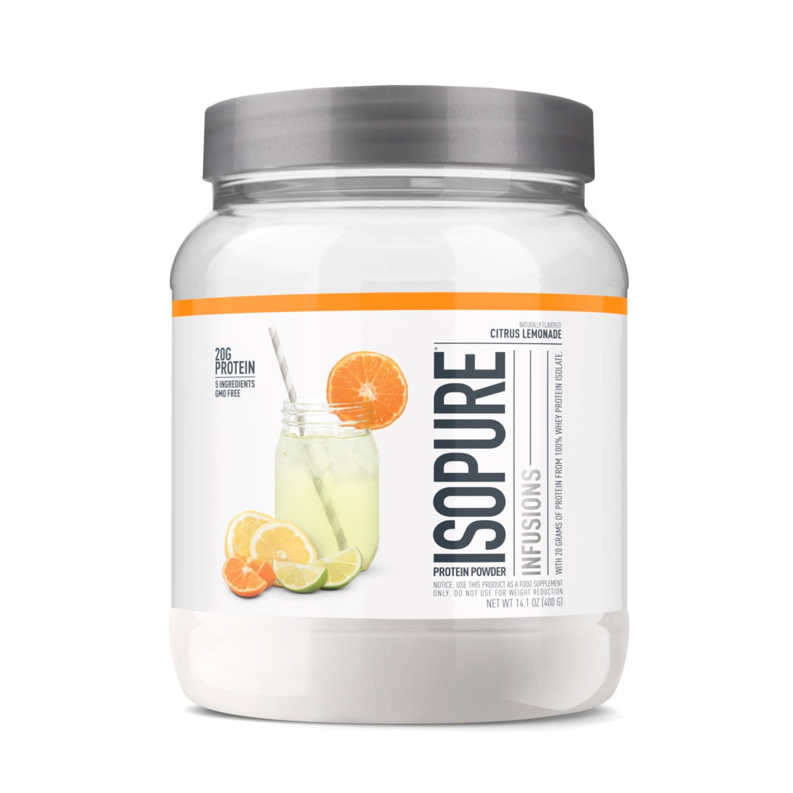 Isopure 100% Pure Whey Isolate Protein Powder Infusions, Lactose Free, Gluten Free, Naturally Flavored, Citrus Lemonade, 20g Protein Per Serving, 14.1 Oz, 16 Servings
