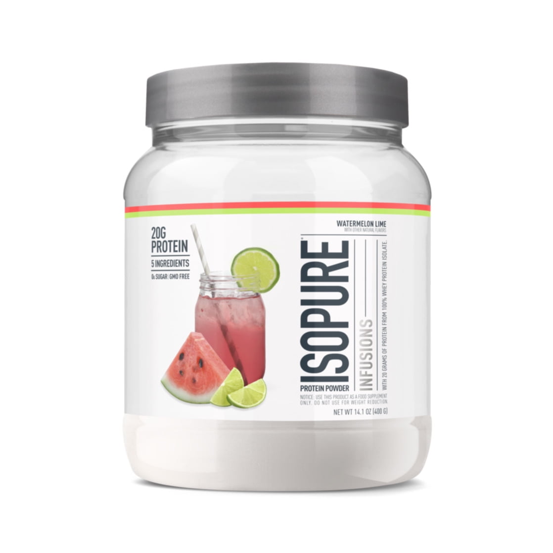 Isopure 100% Pure Whey Isolate Protein Powder Infusions, Lactose Free, Gluten Free, Naturally Flavored, Watermelon Lime, 20g Protein Per Serving, 14.1 Oz, 16 Servings