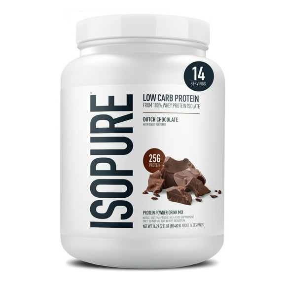 Isopure Low Carb 100% Pure Whey Isolate Protein Powder, Dutch Chocolate, 25g Protein, 14 Servings Tub