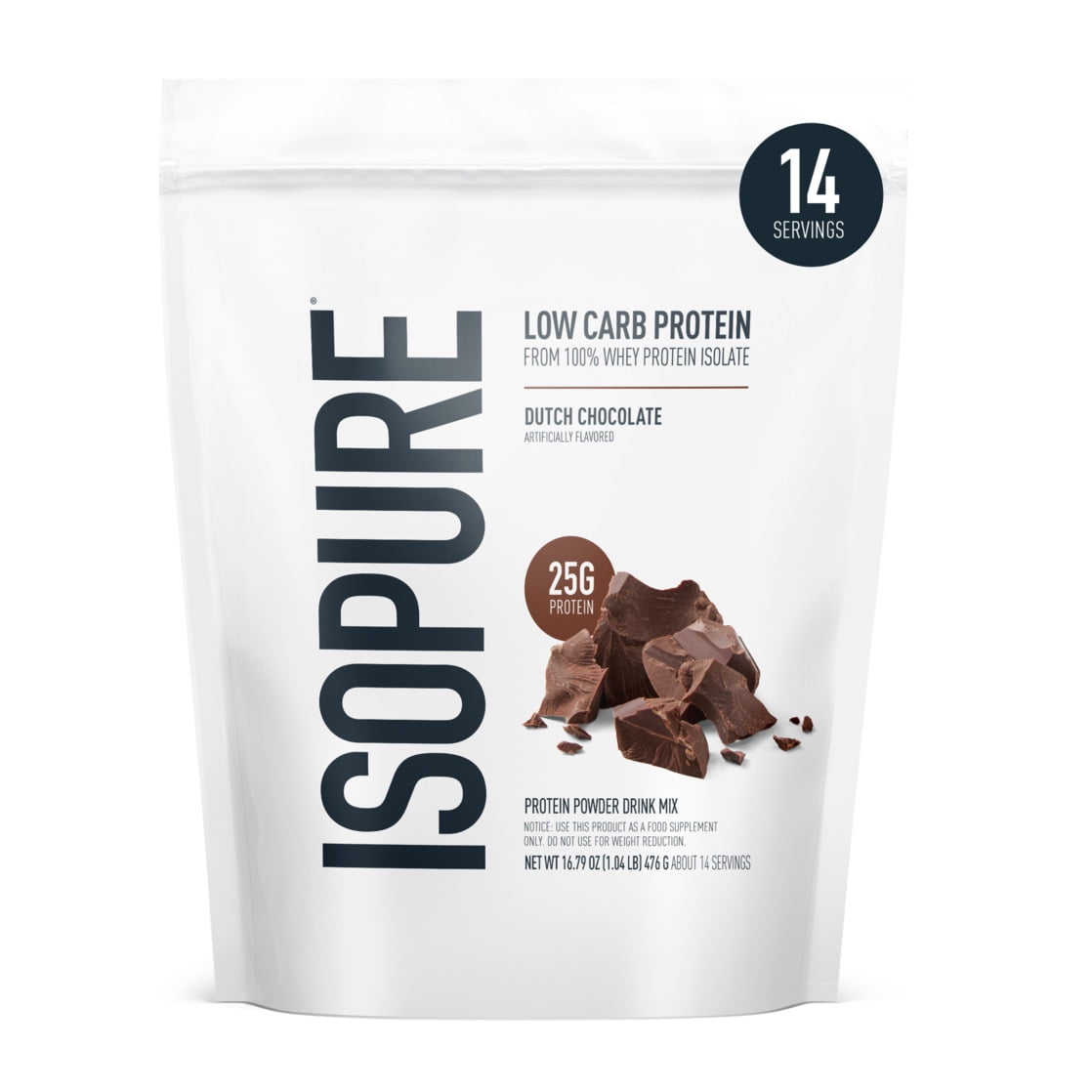 Isopure Low Carb 100% Whey Protein Isolate Powder, Dutch Chocolate, 25g Protein, 14 Servings