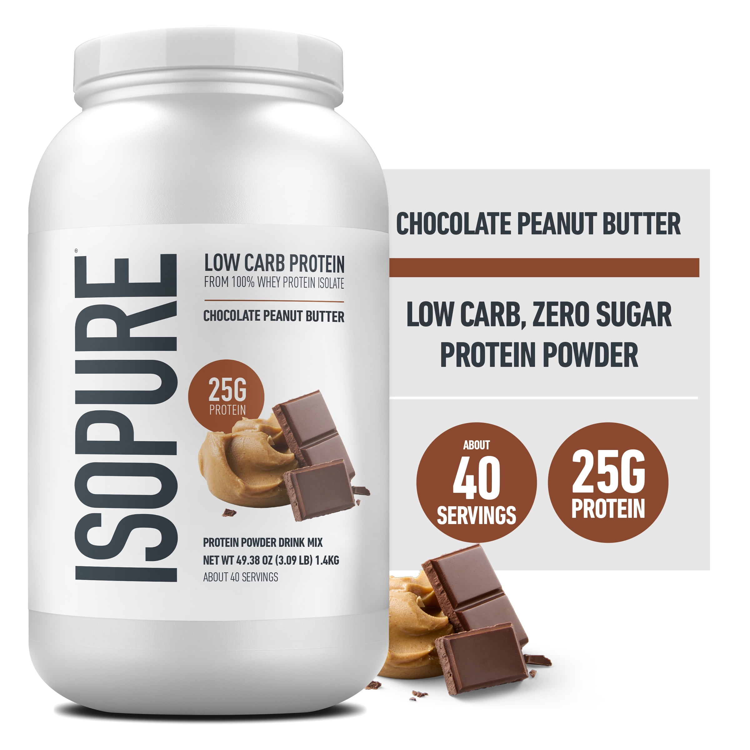 Isopure Low Carb 100% Pure Whey Isolate Protein Powder, Lactose Free, Gluten Free, With Vitamins, Chocolate Peanut Butter, 25g Protein Per Serving, 3 Lbs, 40 Servings Packaging May Vary