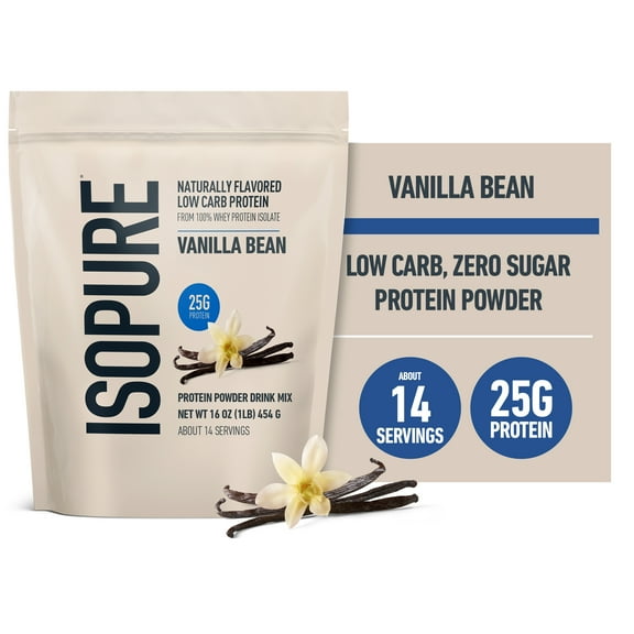 Isopure Low Carb 100% Pure Whey Isolate Protein Powder, Lactose Free, Gluten Free, With Vitamins, Vanilla Bean, 25g Protein Per Serving, 1 Lb, 14 Servings (Packaging May Vary)