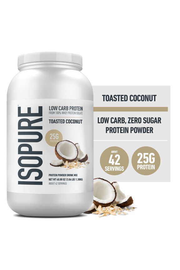 Low Carb 100% Pure Whey Isolate Protein Powder, Lactose Free, Gluten Free, With Vitamins, Toasted Coconut, 25g Protein Per Serving, 3 Lbs, 42 Servings (Packaging May Vary)