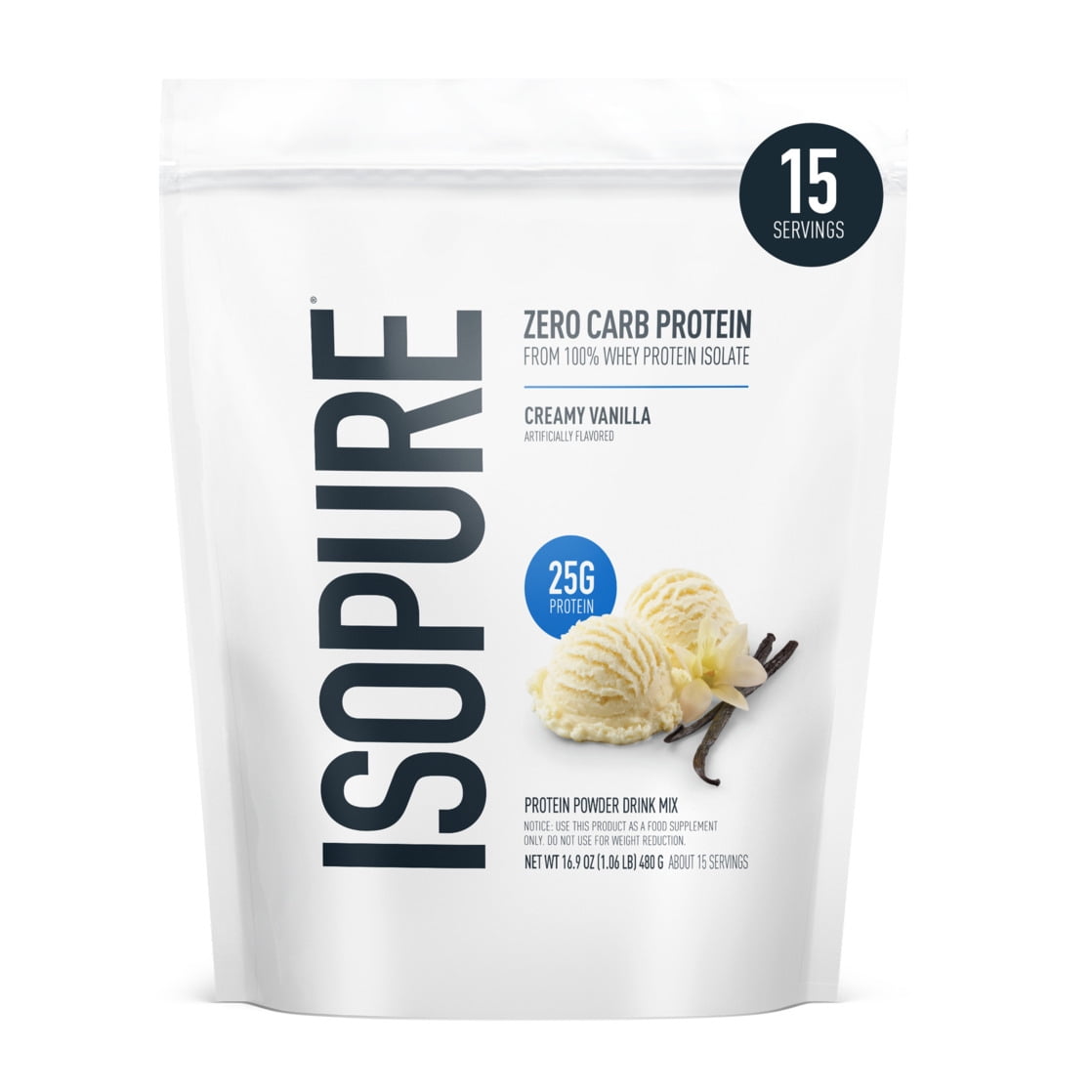 Isopure Zero Carb 100% Whey Protein Isolate Powder, Creamy Vanilla, 25g Protein, 15 Servings