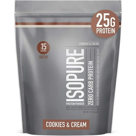 Isopure Zero Carb 100% Whey Protein Isolate Powder, Cookies & Cream, 25g Protein, About 15 Servings
